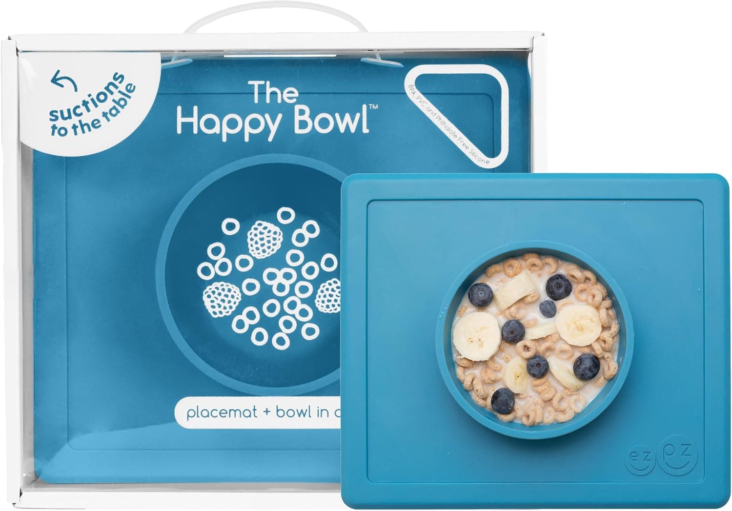 ezpz Happy Bowl - Silicone Bowl with Built-in Placemat, Blue