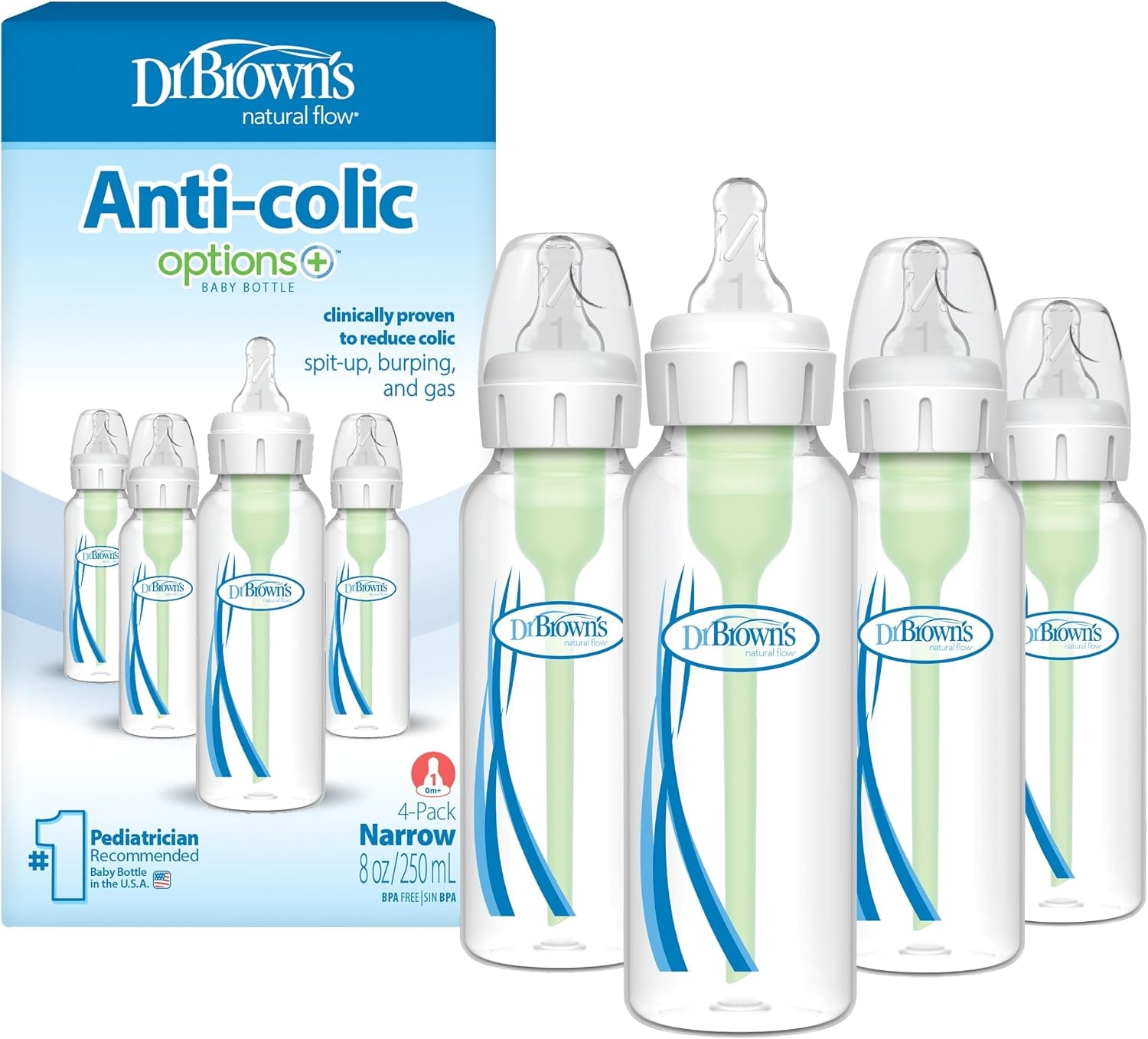 Dr. Brown's Options+ Anti-Colic Narrow Baby Bottle 250ml, 4-Pack - Clear